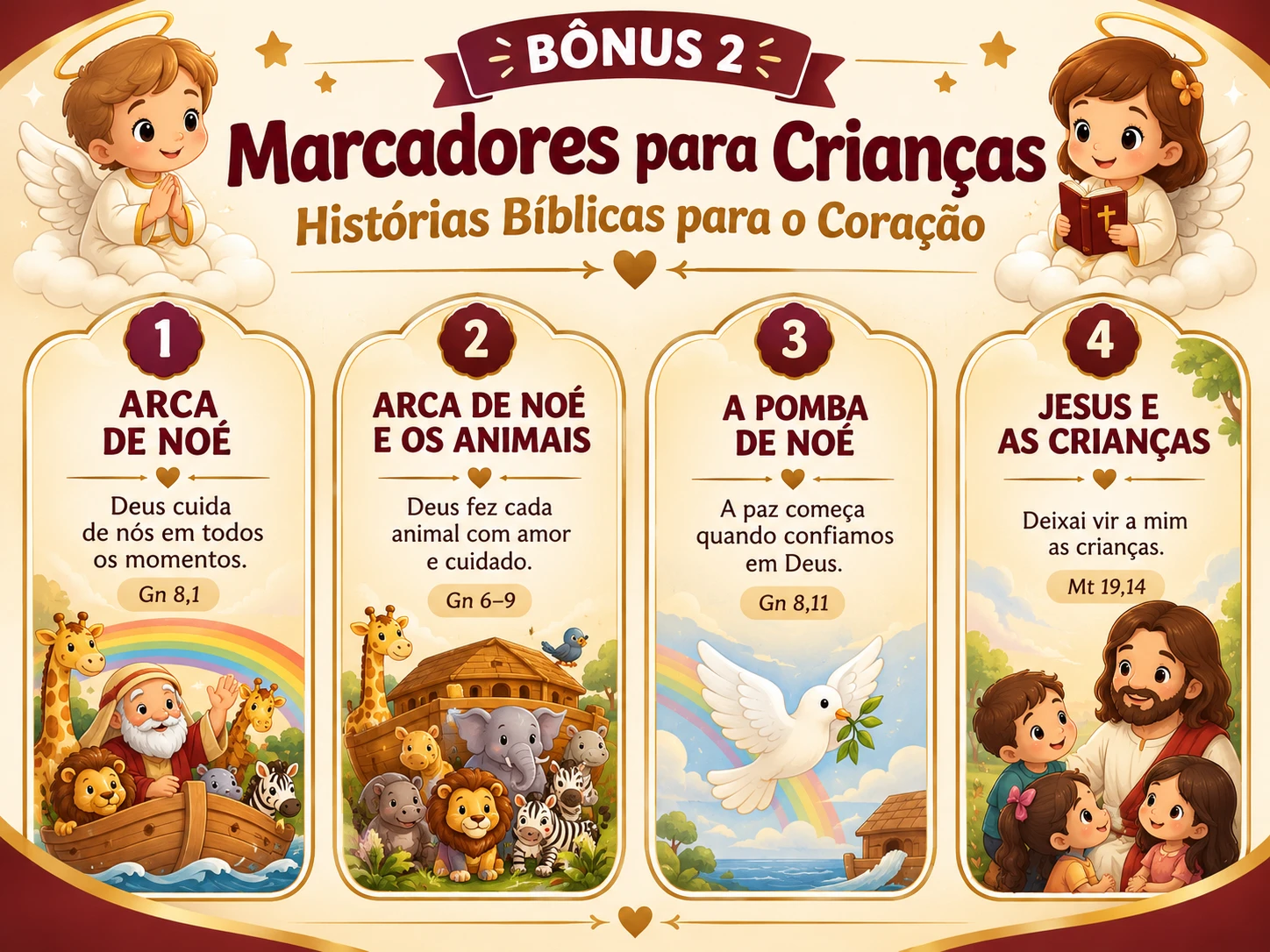 Marcadores de página infantis com histórias bíblicas: Arca de Noé, Arca de Noé e os animais, A pomba de Noé e Jesus e as crianças