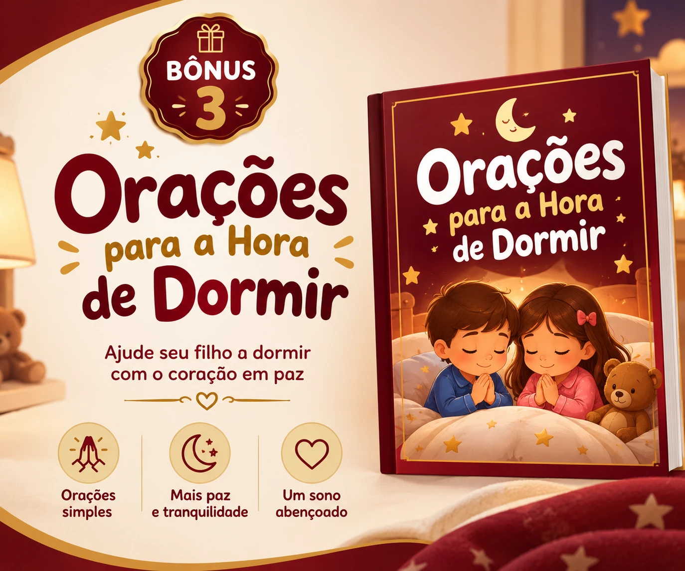 Livro infantil Orações para a Hora de Dormir, com duas crianças orando na cama
