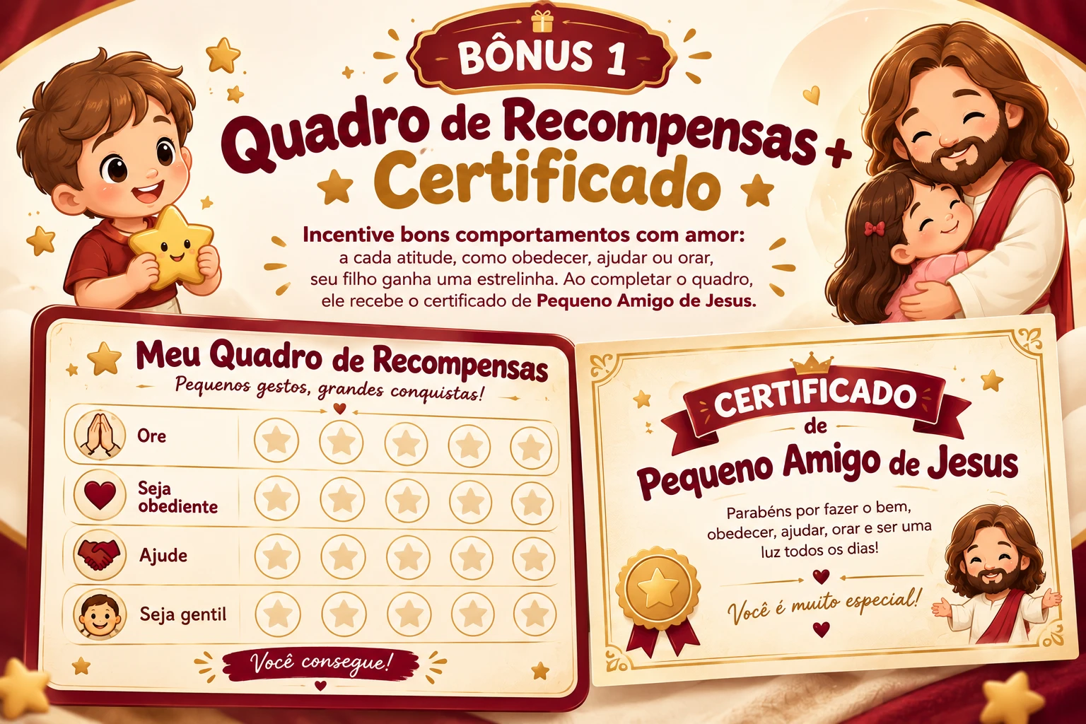 Quadro de recompensas cristão com estrelinhas e certificado de Pequeno Amigo de Jesus