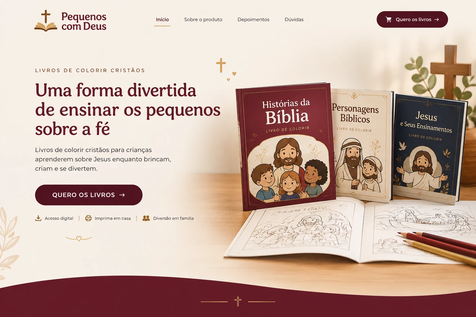 Livros de colorir cristãos sobre a mesa, com páginas para colorir abertas e lápis de cor